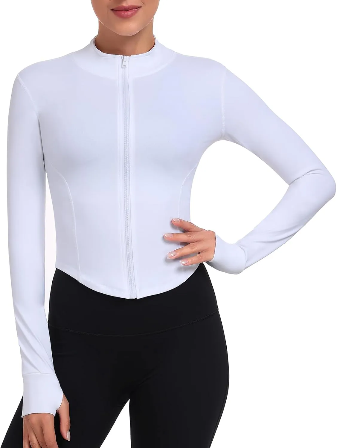 Women's Full Zip Lightweight Running Yoga Slim Fit Cropped Bbl Jacket Workout Sportwear With Thumb Holes