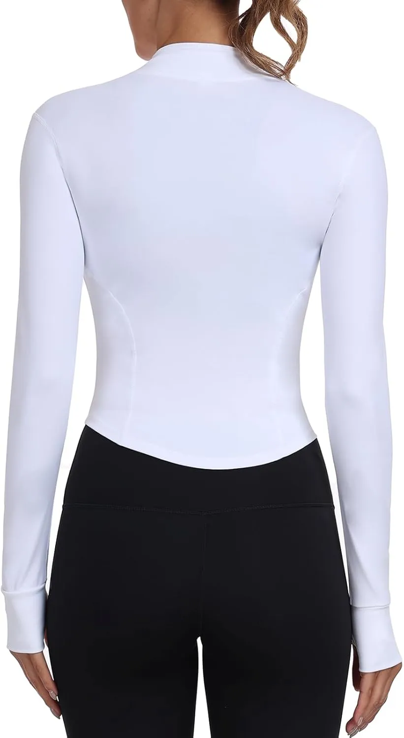 Women's Full Zip Lightweight Running Yoga Slim Fit Cropped Bbl Jacket Workout Sportwear With Thumb Holes