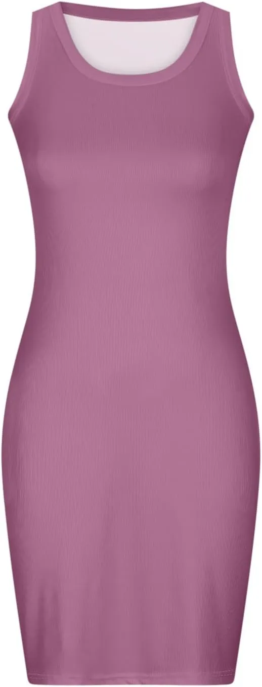 Women's Ribbed Knit Mini Dresses Sexy Bodycon Sleeveless Tank Dress Solid Crewneck Casual Tummy Control Dresses