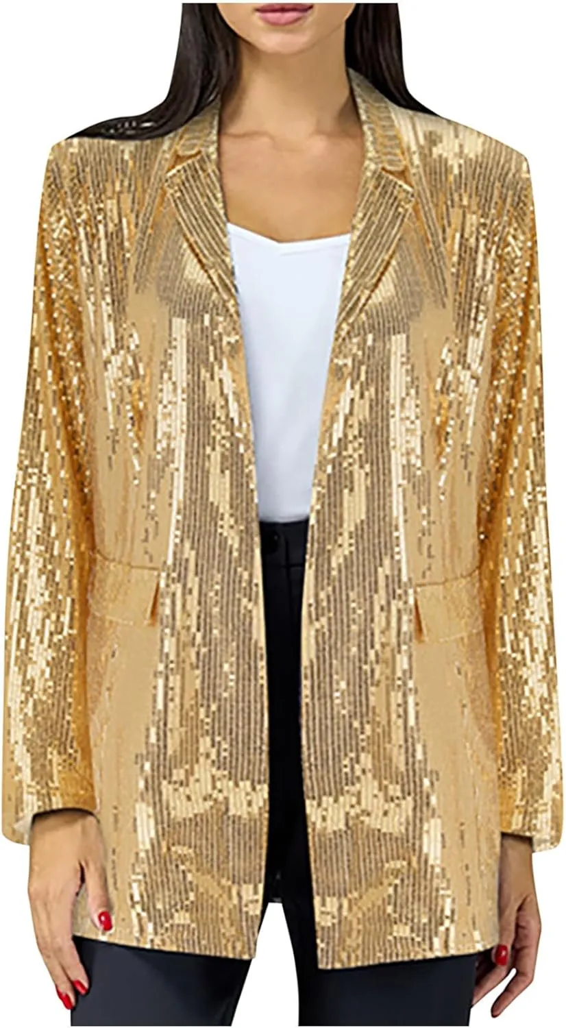 Women's Sequin Jackets Open Front Blazer Jacket Casual Long Sleeve Sparkly Cardigan Coat with Pocket 2024 Fashion