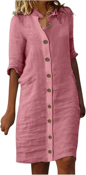 Women's Summer Cotton Linen Button Down Shirt Dress Casual Half Sleeve V Neck Knee Length Dresses Beach Midi Dresses