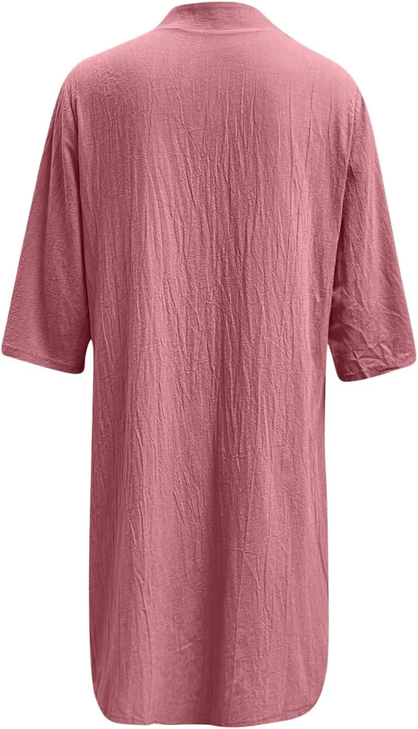 Women's Summer Cotton Linen Button Down Shirt Dress Casual Half Sleeve V Neck Knee Length Dresses Beach Midi Dresses