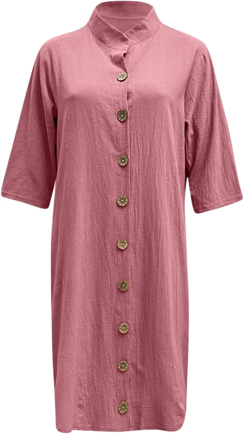 Women's Summer Cotton Linen Button Down Shirt Dress Casual Half Sleeve V Neck Knee Length Dresses Beach Midi Dresses
