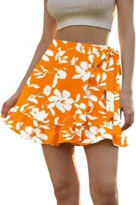 Women's Summer Floral Wrap Shorts 2025 Casual Elastic Waist Ruffle Hem Tie Front Zip Up Skirts Skorts