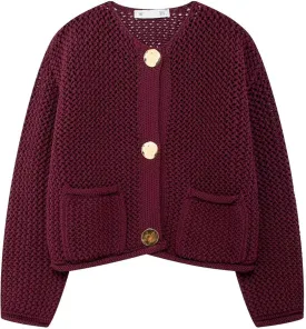Wyeysyt Womens Cropped Cardigan Sweaters Chunky Knit Gold Button Down Open Front Cardigan Long Sleeve Crop Crochet Sweaters