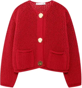 Wyeysyt Womens Cropped Cardigan Sweaters Chunky Knit Gold Button Down Open Front Cardigan Long Sleeve Crop Crochet Sweaters